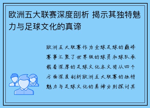 欧洲五大联赛深度剖析 揭示其独特魅力与足球文化的真谛
